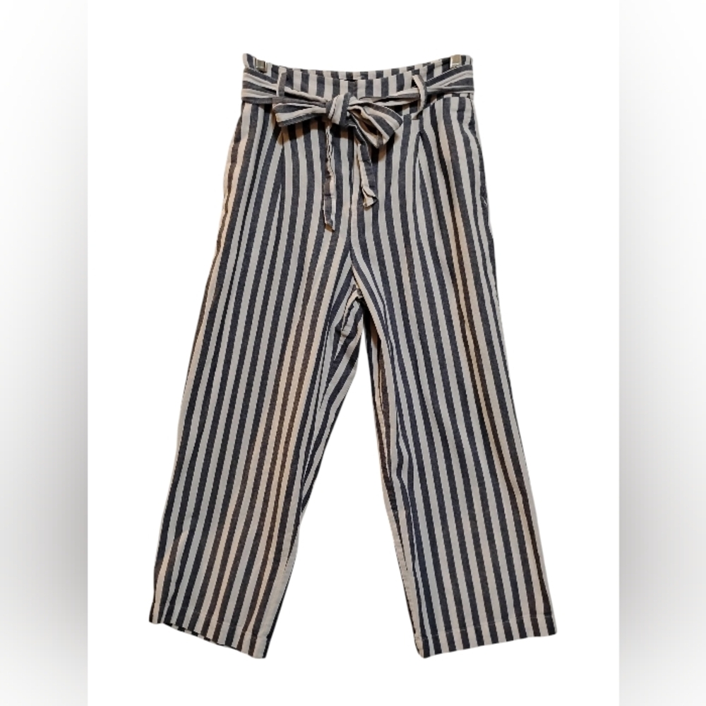 ZARA BASIC XS Striped GRAY and White Pants with Bow High Rise